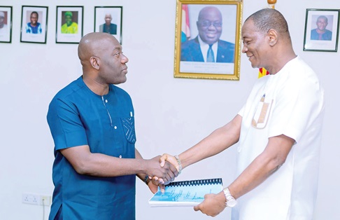 Kojo Oppong Nkrumah (left), Minister of Works and Housing, exchanging the signed documents with Dr Julius Awuni, Managing Director, Hydronomics Limited. Picture: ELVIS NII NOI DOWUONA Kojo Oppong Nkrumah (left), Minister of Works and Housing, exchanging the signed documents with Dr Julius Awuni, Managing Director, Hydronomics Limited. Picture: ELVIS NII NOI DOWUONA