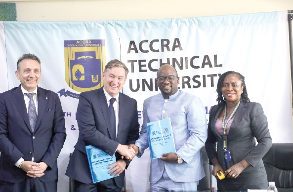 Prof. Amevi Acakpovi (2nd from right), acting Vice-Chancellor of the Accra Technical University, in a handshake with Luciano Scelza, General Manager of Accra Marriott Hotel Prof. Amevi Acakpovi (2nd from right), acting Vice-Chancellor of the Accra Technical University, in a handshake with Luciano Scelza, General Manager of Accra Marriott Hotel