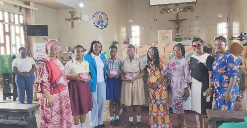 Dakoa Newman (3rd from left) with some of the school girls after she had donated sanitary pads as part of WMHD. With her is the , Dr Afisah Zakaria (left), Chief Director and some headmistresses of the St Joseph Anglican Schools at Kaneshie Dakoa Newman (3rd from left) with some of the school girls after she had donated sanitary pads as part of WMHD. With her is the , Dr Afisah Zakaria (left), Chief Director and some headmistresses of the St Joseph Anglican Schools at Kaneshie