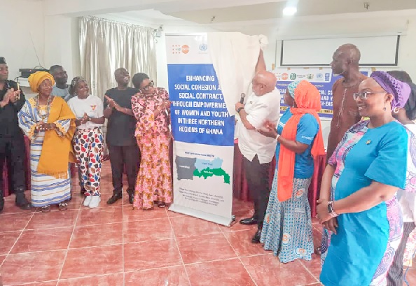 Charles Abani (4th from right), the UN Resident Coordinator to Ghana, being assisted by Dr Angela Lusigi (right), the UNDP Resident Representative, and Shani Alhassan Shaibu (2nd from right), the Northern Regional Minister, to launch the project Charles Abani (4th from right), the UN Resident Coordinator to Ghana, being assisted by Dr Angela Lusigi (right), the UNDP Resident Representative, and Shani Alhassan Shaibu (2nd from right), the Northern Regional Minister, to launch the project