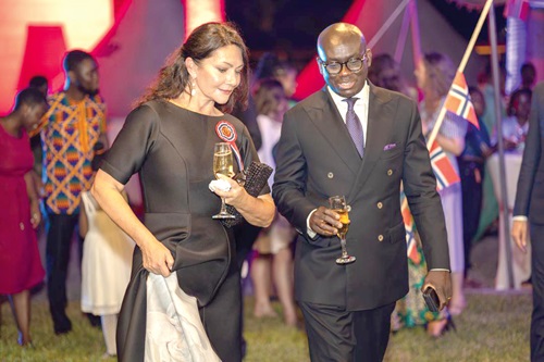 Ingrid Mollestad (left), the Norwegian Ambassador to Ghana, and Godfred Yeboah Dame, the Attorney-General, interacting after proposing a toast to the healthy ties between the two countries Ingrid Mollestad (left), the Norwegian Ambassador to Ghana, and Godfred Yeboah Dame, the Attorney-General, interacting after proposing a toast to the healthy ties between the two countries