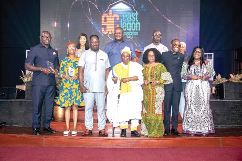 Rev. Albert Ocran (2nd from right, back row), Senior Pastor, ICGC The New Wine Temple, Rev. Christopher Yaw Annor (2nd from right, front row), Senior Pastor, ICGC Holy Ghost Temple, and their spouses with some of the awardees 