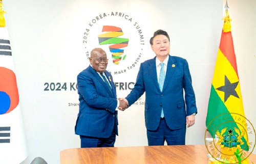 President Akufo-Addo exchanging pleasantries with President Yoon Suk Yeol of South Korea President Akufo-Addo exchanging pleasantries with President Yoon Suk Yeol of South Korea