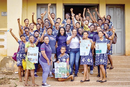 Juliana Ama Kplorfia (arrowed), Executive Director, Girls Excellence Movement, with her staff and some students of Ghanata Senior High School, after an educational campaign Juliana Ama Kplorfia (arrowed), Executive Director, Girls Excellence Movement, with her staff and some students of Ghanata Senior High School, after an educational campaign