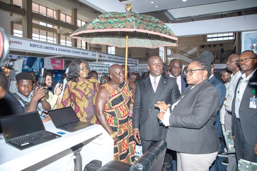 Emma Morrison (right), Regional Manager, Corporate Affairs and Stakeholder Engagement, Gold Fields, briefing Samuel Jinapor (2nd from right), Minister of Lands and Natural Resources; Nana Kusi Okyere Ntrama (middle), Asanteman Benkumhene and representative of the Asantehene; Barbara Oteng Gyasi (left), Board Chair, Minerals Commission, and other dignitaries at the event. Picture: DOUGLAS ANANE-FRIMPONG Emma Morrison (right), Regional Manager, Corporate Affairs and Stakeholder Engagement, Gold Fields, briefing Samuel Jinapor (2nd from right), Minister of Lands and Natural Resources; Nana Kusi Okyere Ntrama (middle), Asanteman Benkumhene and representative of the Asantehene; Barbara Oteng Gyasi (left), Board Chair, Minerals Commission, and other dignitaries at the event. Picture: DOUGLAS ANANE-FRIMPONG