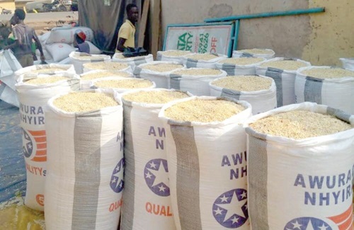 Bagged maize for sale at the Maame Krobo Market Bagged maize for sale at the Maame Krobo Market