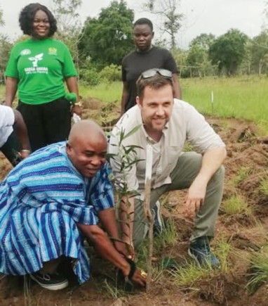 Jonas Claes (right), Deputy EU Ambassador to Ghana, being supported by Nene Lartey Wayo III, the Mankralo of the Shai-Osudoku traditional area, to plant a tree to mark the Green Ghana Day Jonas Claes (right), Deputy EU Ambassador to Ghana, being supported by Nene Lartey Wayo III, the Mankralo of the Shai-Osudoku traditional area, to plant a tree to mark the Green Ghana Day