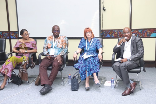George Anyema (right), Senior Manager, Security, AngloGold Ashanti Iduapriem Mine, explaining a point during a panel discussion. With him are Bernice Owen-Jones (2nd from right), Australian High Commissioner to Ghana; Adama Soro (2nd from left), President, ECOWAS Federation of Chambers of Mines, and Angela List (left), Second Vice-President of the Chamber of Mines. Picture: ELVIS NII NOI DOWUONA George Anyema (right), Senior Manager, Security, AngloGold Ashanti Iduapriem Mine, explaining a point during a panel discussion. With him are Bernice Owen-Jones (2nd from right), Australian High Commissioner to Ghana; Adama Soro (2nd from left), President, ECOWAS Federation of Chambers of Mines, and Angela List (left), Second Vice-President of the Chamber of Mines. Picture: ELVIS NII NOI DOWUONA