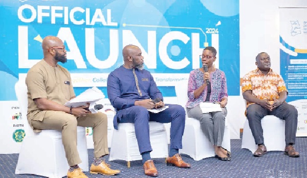 • Amma Lartey (2nd from right), CEO of IIGh, speaking during a panel discussion. With her are Dr Gordon Adomdza ( left), Lead of Ashesi Design Lab, Yaw Adu-Gyamfi (2nd from left), Chairman of GHN, and Clifford Bansah, Director of M&E at NEIP Ghana Digital and Innovation Week 2024 slated for Oct