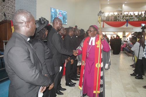 The newly ordained ministers being congratulated by Rt. Rev. Paul Kwabena Boafo (right), Presiding Bishop of the Methodist Church Ghana. Picture: ESTHER ADJORKOR ADJEI The newly ordained ministers being congratulated by Rt. Rev. Paul Kwabena Boafo (right), Presiding Bishop of the Methodist Church Ghana. Picture: ESTHER ADJORKOR ADJEI