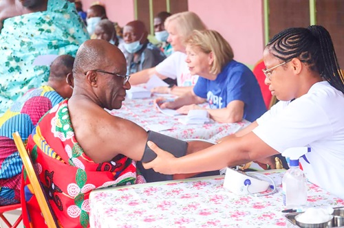 Nana Akyena Kwagyan Nuamah V (left), the Essuowinhene, participating in the free health screening held at Essuowin in the Ashanti Region Pictures: EMMANUEL BAAH Nana Akyena Kwagyan Nuamah V (left), the Essuowinhene, participating in the free health screening held at Essuowin in the Ashanti Region Pictures: EMMANUEL BAAH