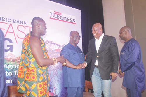 Ato Afful (2nd from right), MD, GCGL, exchanging pleasantries with Kwesi Korboe (2nd from left), CEO, GIRSAL Ltd. Picture: ELVIS NII NOI DOWUONA Ato Afful (2nd from right), MD, GCGL, exchanging pleasantries with Kwesi Korboe (2nd from left), CEO, GIRSAL Ltd. Picture: ELVIS NII NOI DOWUONA