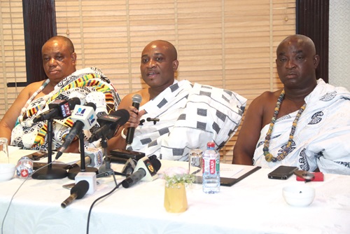 Nii Adjei Kofeh IV (middle), La Shikitele, addressing the press conference. With him are Miyemliniaba Ajei Asua, Agbawe Mantse and Nii Obodai Adai IV, La Mankralo. Picture: ELVIS NII NOI DOWUONA Nii Adjei Kofeh IV (middle), La Shikitele, addressing the press conference. With him are Miyemliniaba Ajei Asua, Agbawe Mantse and Nii Obodai Adai IV, La Mankralo. Picture: ELVIS NII NOI DOWUONA