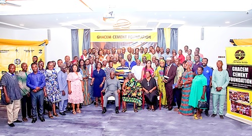 Ehunabobrim Prah Agyensaim VI (seated middle), Chairman, GHACEM Cement Foundation, with representatives of beneficiary institutions Ehunabobrim Prah Agyensaim VI (seated middle), Chairman, GHACEM Cement Foundation, with representatives of beneficiary institutions