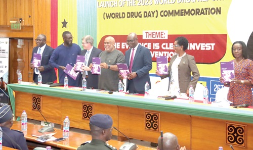 Kenneth Adu-Amanfoh (3rd from right), Director-General, Narcotics Control Commission, being assisted by Charles Abani (middle), Resident Coordinator, UN System in Ghana; Delese Darko (right), Chief Executive Officer, Food And Drugs Authority; Cheikh Toure (2nd from left), Head, Law Enforcement Section, UNODC Regional Representative for West and Central Africa, and some dignitaries at the launch of the report in Accra. Picture: ELVIS NII NOI DOWUONA Kenneth Adu-Amanfoh (3rd from right), Director-General, Narcotics Control Commission, being assisted by Charles Abani (middle), Resident Coordinator, UN System in Ghana; Delese Darko (right), Chief Executive Officer, Food And Drugs Authority; Cheikh Toure (2nd from left), Head, Law Enforcement Section, UNODC Regional Representative for West and Central Africa, and some dignitaries at the launch of the report in Accra. Picture: ELVIS NII NOI DOWUONA