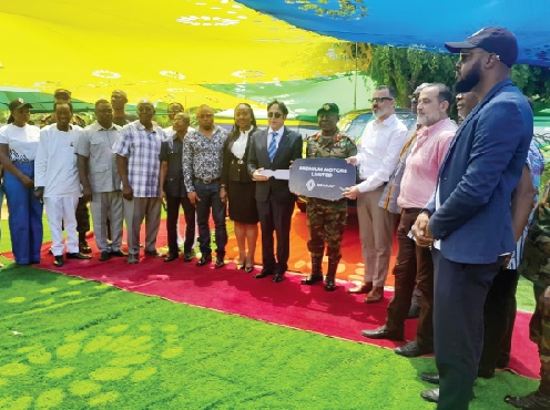 Jihad Hijazi (4th from right), Chairman and CEO of Premium Motors, presenting a symbolic key to the Renault Logan car to Maj. Gen. Onwona, Chief of Army Staff, while Ambassador Maher Kheir and other dignitaries join in support Jihad Hijazi (4th from right), Chairman and CEO of Premium Motors, presenting a symbolic key to the Renault Logan car to Maj. Gen. Onwona, Chief of Army Staff, while Ambassador Maher Kheir and other dignitaries join in support