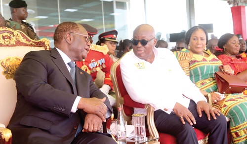Alassane Ouattara (left), Cote d’Ivoire President, interacting with President Akufo-Addo at the ceremony. With them are Rebecca Akufo-Addo (2nd from right), the First Lady, and Getrude Araba Torkonoo (right), the Chief Justice. Picture: SAMUEL TEI ADANO Alassane Ouattara (left), Cote d’Ivoire President, interacting with President Akufo-Addo at the ceremony. With them are Rebecca Akufo-Addo (2nd from right), the First Lady, and Getrude Araba Torkonoo (right), the Chief Justice. Picture: SAMUEL TEI ADANO