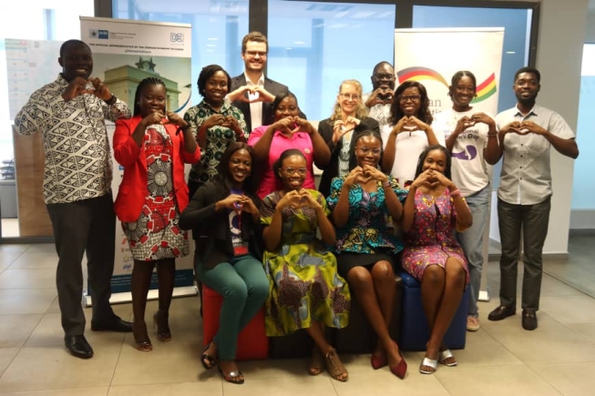 Stefanie Simon (standing 4th from right), Head of Competence Centre Private Sector Development and Project, Delegation of German Industry and Commerce in Ghana with Simon Hochstein (standing left from the back), Head of Component, GIZ Office Accra; David Gawu (standing left), Chief Executive Officer of Inngen and some participants of the after the lauch in Accra. Picture: ELVIS NII NOI DOWUONA AHK Ghana launches 'Women Going Digital' initiative