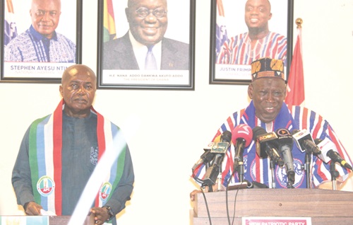 Dr Abdullahi Umar Ganduje (right), the National Chairman of Nigeria's APC, addressing the press during his visit to the NPP headquarters as Stephen Ayesu Ntim (left), the National Chairman of the NPP, looks on Dr Abdullahi Umar Ganduje (right), the National Chairman of Nigeria's APC, addressing the press during his visit to the NPP headquarters as Stephen Ayesu Ntim (left), the National Chairman of the NPP, looks on