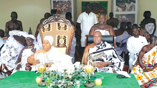 Nana Afrakoma II (seated left), Queenmother of the Akwamu Traditional Area, and Odeneho Akwafo Akoto III, Omanhene of the area, at the launch of the 60th anniversary of her enstoolment Nana Afrakoma II (seated left), Queenmother of the Akwamu Traditional Area, and Odeneho Akwafo Akoto III, Omanhene of the area, at the launch of the 60th anniversary of her enstoolment