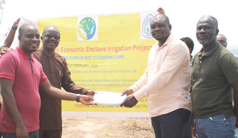Isaac Agyapong (left), the District Chief Executive of Kwahu East, and Engineer Oppong Boateng (2nd from left), the Chief Executive of GIDA, handing over the terms of reference and site documents to Dr Simon Ofori, the Director of Camelitos Company Limited Isaac Agyapong (left), the District Chief Executive of Kwahu East, and Engineer Oppong Boateng (2nd from left), the Chief Executive of GIDA, handing over the terms of reference and site documents to Dr Simon Ofori, the Director of Camelitos Company Limited