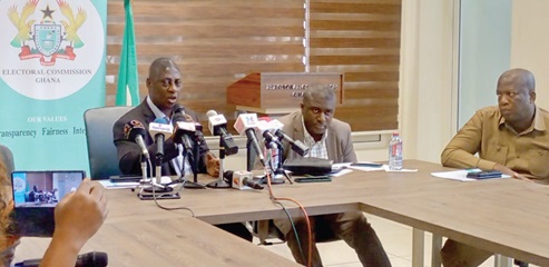 Samuel Tettey (left), EC Deputy Chairperson in charge of Operations, addressing the news conference. With him are Dr Bossman Asare (middle), EC Deputy Chairperson in charge of Corporate Services, and Dr Serebour Quaicoe, Director, Electoral Services Samuel Tettey (left), EC Deputy Chairperson in charge of Operations, addressing the news conference. With him are Dr Bossman Asare (middle), EC Deputy Chairperson in charge of Corporate Services, and Dr Serebour Quaicoe, Director, Electoral Services