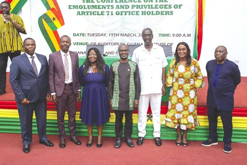 Dr Janet Ampadu-Fofie (2nd from right), Chairperson of the Presidential Committee on Emoluments, Nana Agyekum Dwamena (3rd from right), former Head of Civil Service, and Prof. George Gyan-Baffour (middle), Chairman of the National Development Planning Commission, with stakeholders and colleagues after seeking views, expectations and advice from relevant institutions and beneficiaries about emoluments and privileges of Article 71 office holders. Picture: CALEB VANDERPUYE Dr Janet Ampadu-Fofie (2nd from right), Chairperson of the Presidential Committee on Emoluments, Nana Agyekum Dwamena (3rd from right), former Head of Civil Service, and Prof. George Gyan-Baffour (middle), Chairman of the National Development Planning Commission, with stakeholders and colleagues after seeking views, expectations and advice from relevant institutions and beneficiaries about emoluments and privileges of Article 71 office holders. Picture: CALEB VANDERPUYE