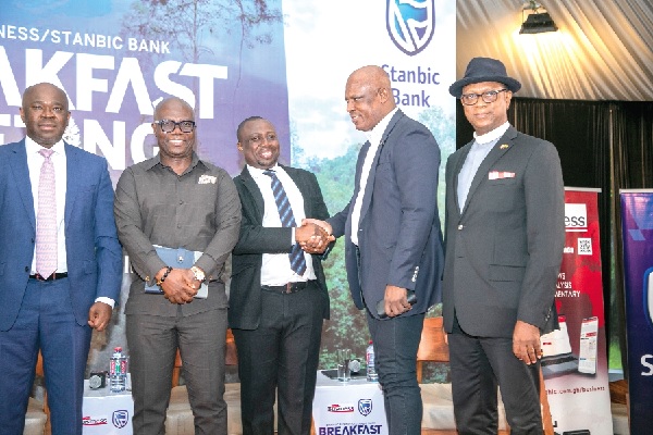Abeku Gyan Quansah (3rd from right), Tax Partner, PWC, interacting with Ato Afful (2nd from right), Managing Director, Graphic Communications Group Ltd; at the meeting. With him are David Eduaful (2nd from left), Managing Director, Labadi Beach Hotel; Kwamina Asomaning (left), Managing Director, Stanbic Bank and Rev Kennedy Okosun, Executive Chairman, Krif Ghana Ltd Tax regime hurting tourism sector — Experts