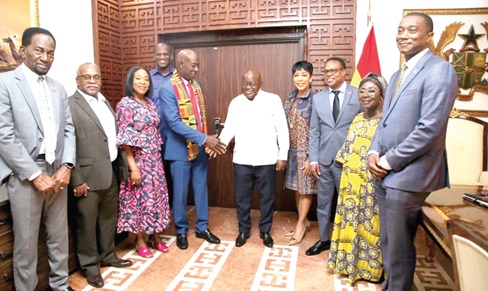 President Akufo-Addo (middle) in a handshake with Dr Keith Christopher Rowley (4th from left), Prime Minister of Trinidad and Tobago, at the Jubilee House. With them are some Government officials. Picture: Samuel Tei Adano President Akufo-Addo (middle) in a handshake with Dr Keith Christopher Rowley (4th from left), Prime Minister of Trinidad and Tobago, at the Jubilee House. With them are some Government officials. Picture: Samuel Tei Adano