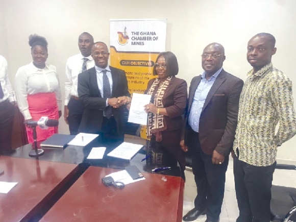 • Dr Sulemanu Koney (3rd form left) exchanging the signed MoU with Professor Grace Ofori Sarpong. With them is Professor Richard Kwasi Amankwah (2nd from right) Chamber of Mines, UMAT sign MoU to boost gold recovery