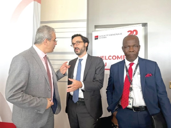 Hakim Ouzzani (left), MD, Société Générale, François Pousse (middle), Deputy MD, Société Générale, and Emmanuel Martey, Partner, Audit and Assurance, Deloitte and Touch, interacting after the AGM Société Générale scales DDEP threat to post profits