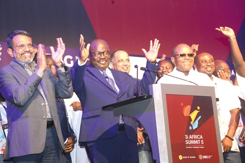 Dr Ernest Addison (2nd from left), Governor, Bank of Ghana, with Kwamena Duker (right), CEO, Development Bank, Ghana, and Ravi Menon (left), Singapore Ambassador for Climate Change Action and Senior Advisor, National Climate Change Secretariat, signalling close of the summit. Picture: SAMUEL TEI ADANO