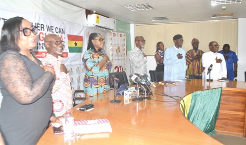 Kathleen Addy (3rd from left), Chairperson, National Commission for Civic Education, and other stakeholders pledging their patriotism to the state during the media briefing. Picture: EDNA SALVO-KOTEY