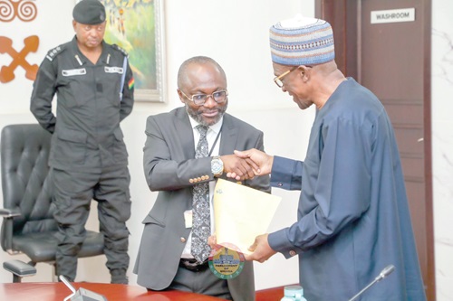 Barima Yaw Kodie Oppong (right), the Director of the Ghana School of Law, expressing appreication to Alban S.K. Bagbin, the Speaker of Parliament, for the gesture