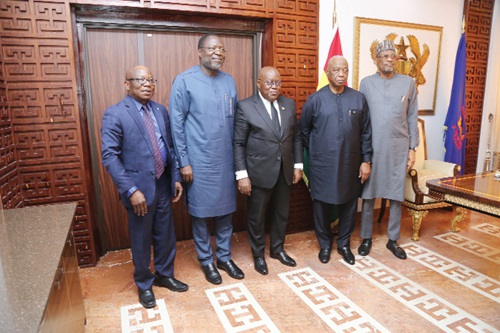 President Akufo-Addo (middle), Omar Alieu Touray (2nd from right), President, ECOWAS Commission, with other members of the delegation after a meeting at the Jubilee House. Picture: SAMUEL TEI ADANO