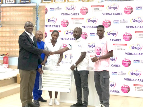 Kendrick Yehowada (2nd from right), Event Manager, Twellium Industrial Company Ltd, presenting the equipment to Dr Andrews Mensah (left), Greater Accra Chairman of GMA, and Dr Frank Voado (2nd from left), Vice Chairman, Greater Accra GMA Kendrick Yehowada (2nd from right), Event Manager, Twellium Industrial Company Ltd, presenting the equipment to Dr Andrews Mensah (left), Greater Accra Chairman of GMA, and Dr Frank Voado (2nd from left), Vice Chairman, Greater Accra GMA