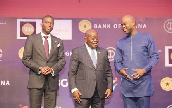 President Akufo-Addo interacting with Wamkele Mene (right), Secretary General, AfCFTA, during the 3i Africa Summit in Accra. With them is Dickon Amiss Thomas Mitchell (left), Prime Minister of Grenada. Picture: SAMUEL TEI ADANO Grenada Prime Minister rallies small economies to unlock protentials