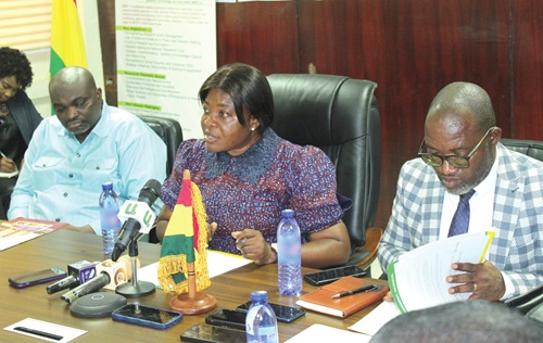 Ophelia Mensah Hayford (middle), Minister of Environment, Science, Technology & Innovation, speaking at the event. With her are Cephas Adjei Mensah (right), Director of Research Statistics & Information Management, MESTI, and Dr Peter Dery (left), Director of Environment, MESTI. Picture: ERNEST KODZI Ophelia Mensah Hayford (middle), Minister of Environment, Science, Technology & Innovation, speaking at the event. With her are Cephas Adjei Mensah (right), Director of Research Statistics & Information Management, MESTI, and Dr Peter Dery (left), Director of Environment, MESTI. Picture: ERNEST KODZI