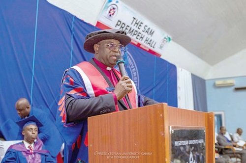 Rt Rev. Dr Nana Opare Kwakye (inset), Moderator of the PCG and Chancellor of the Presbyterian University, addressing the congregation Rt Rev. Dr Nana Opare Kwakye (inset), Moderator of the PCG and Chancellor of the Presbyterian University, addressing the congregation