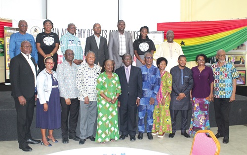 Prof. Kofi Opoku Nti (6th from left), President, Ghana Academy of Arts and Sciences; Emerita Prof. Takyiwaa Manuh (5th from left), Chairperson, Project Management Committee; Emerita Prof. Isabella Akyinba Quakyi (4th from right), Vice President, GAAS; Prof. Akilagpa Sawyerr (right), former Vice-Chancellor, UG, and Prof. Nana Akua Anyidoho (2nd from right), Consultant, and other dignitaries and participants. Picture: ERNEST KODZI