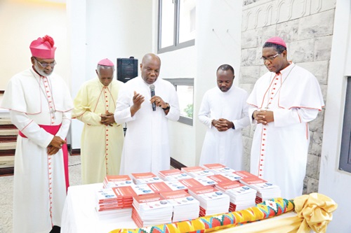 FROM LEFT: Most Rev. Charles Gabriel Palmer Buckle, Archbishop of Cape Coast;  Most Rev. Anthony Narh Asare, Auxiliary Bishop of Accra; Rev. Fr Sesenyo Quarshie, who said the prayer of dedication; Rev. Fr Paul Ebow Quarshie, author of the book, and Most Rev. John Kobina Louis, Auxiliary Bishop of Accra 