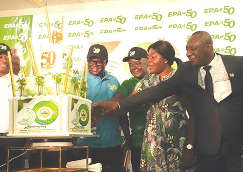 Ophelia Mensah Hayford (2nd from right), Minister of Environment, Science, Technology and Innovation; Dr John Kingsley Krugu (left), acting Executive Director of EPA; Prof. Kwasi Appeaning Addo (2nd from left), Board Chairman, EPA, and Henry K. Kokofu (right), former Executive Director of EPA, cutting the EPA 50th anniversary cake during the ceremony. Picture: EDNA SALVO-KOTEY Ophelia Mensah Hayford (2nd from right), Minister of Environment, Science, Technology and Innovation; Dr John Kingsley Krugu (left), acting Executive Director of EPA; Prof. Kwasi Appeaning Addo (2nd from left), Board Chairman, EPA, and Henry K. Kokofu (right), former Executive Director of EPA, cutting the EPA 50th anniversary cake during the ceremony. Picture: EDNA SALVO-KOTEY