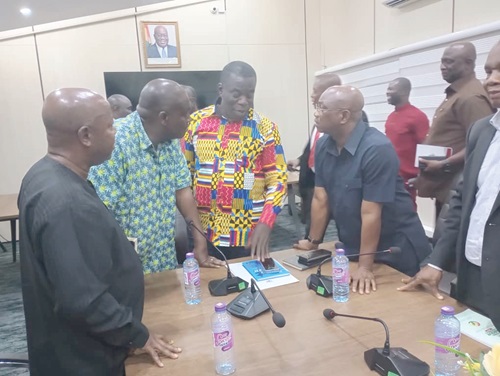 Ignatius Baffour-Awuah (middle), Minister of Employment and Labour Relations, in a discussion with Isaac Bampoe Addo (2nd from left), Executive Secretary of CLOGSAG, and others after the meeting Ignatius Baffour-Awuah (middle), Minister of Employment and Labour Relations, in a discussion with Isaac Bampoe Addo (2nd from left), Executive Secretary of CLOGSAG, and others after the meeting