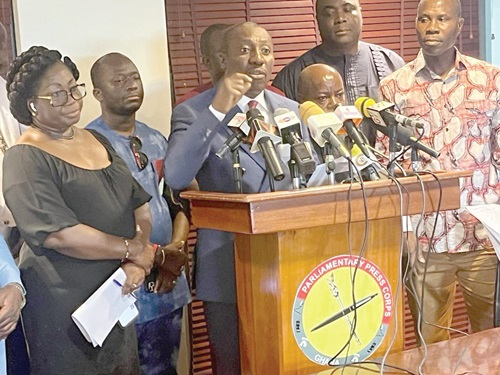 Mr Afenyo-Markin (3rd left), Majority Leader, addressing the media. With him is Patricia Appiagyei (left), Deputy Majority Leader Mr Afenyo-Markin (3rd left), Majority Leader, addressing the media. With him is Patricia Appiagyei (left), Deputy Majority Leader