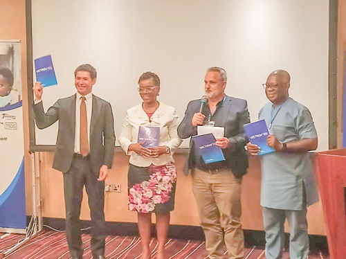 Dr Keziah Malm (2nd from left), Programme Manager, NMEP, with Prof. Kwadwo Koram (right), Maezawa Takeo (left), Director, Vector Control Group, MITSUI Chemicals, and Justin McBeath, CEO, IVCC, launching the Vectron T500 in Accra.