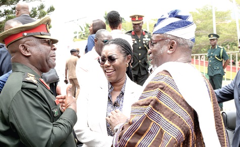 Ursula Owusu-Ekuful (middle), Minister of Communications and Digitilisation; Colonel Mahamoud Tahiru (retd) [right], Zunglana and Member of the Council of State, and  Lieutenant General Thomas Oppong-Peprah, Chief of the Defence Staff, in a chat