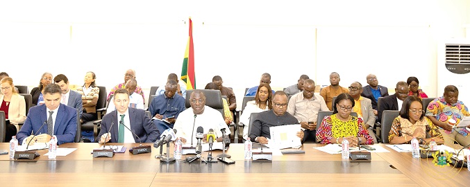 Dr Mohammed Amin Adam (3rd from left), Finance Minister, stressing a point at the press conference. Also at the table are Stéphane Roudet (2nd from left), IMF Mission Chief for Ghana; Dr Leandro Medina (left), IMF Country Representative; Abena Osei Asare (right), Deputy Finance Minister; Dr Maxwell Opoku Afari (3rd from right), 1st Deputy Governor; Elsie Addo Awadzi (2nd from right), 2nd Deputy Governor, Bank of Ghana