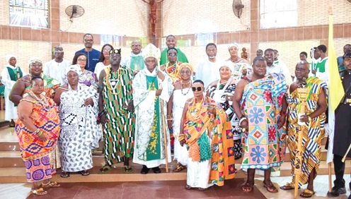 The Most Rev. Anthony Narh Asare (middle), Auxiliary Bishop of Accra, with the chiefs, queenmothers and the clergy after the ceremony The Most Rev. Anthony Narh Asare (middle), Auxiliary Bishop of Accra, with the chiefs, queenmothers and the clergy after the ceremony