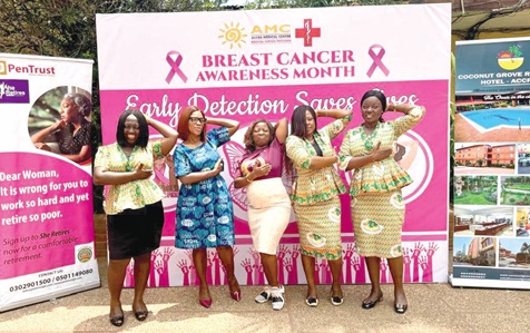 Some female health professionals and staff of Coconut Grove, demonstrating how to do self-breast examination during the programme