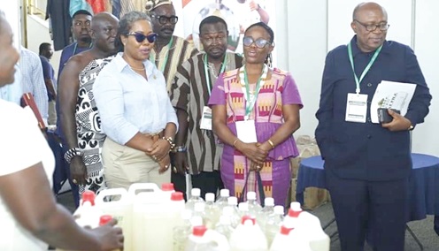 Dr Akorfa Ahiafor (2nd from right), CEO, JIREH Micro-Finance; Paul Siameh (right), Chief Director, Ministry of Food and Agriculture; and Dr Afua Asabea Asare (3rd from right), CEO, GEPA, touring the exhibition at the Ghana International Coconut Festival Dr Akorfa Ahiafor (2nd from right), CEO, JIREH Micro-Finance; Paul Siameh (right), Chief Director, Ministry of Food and Agriculture; and Dr Afua Asabea Asare (3rd from right), CEO, GEPA, touring the exhibition at the Ghana International Coconut Festival